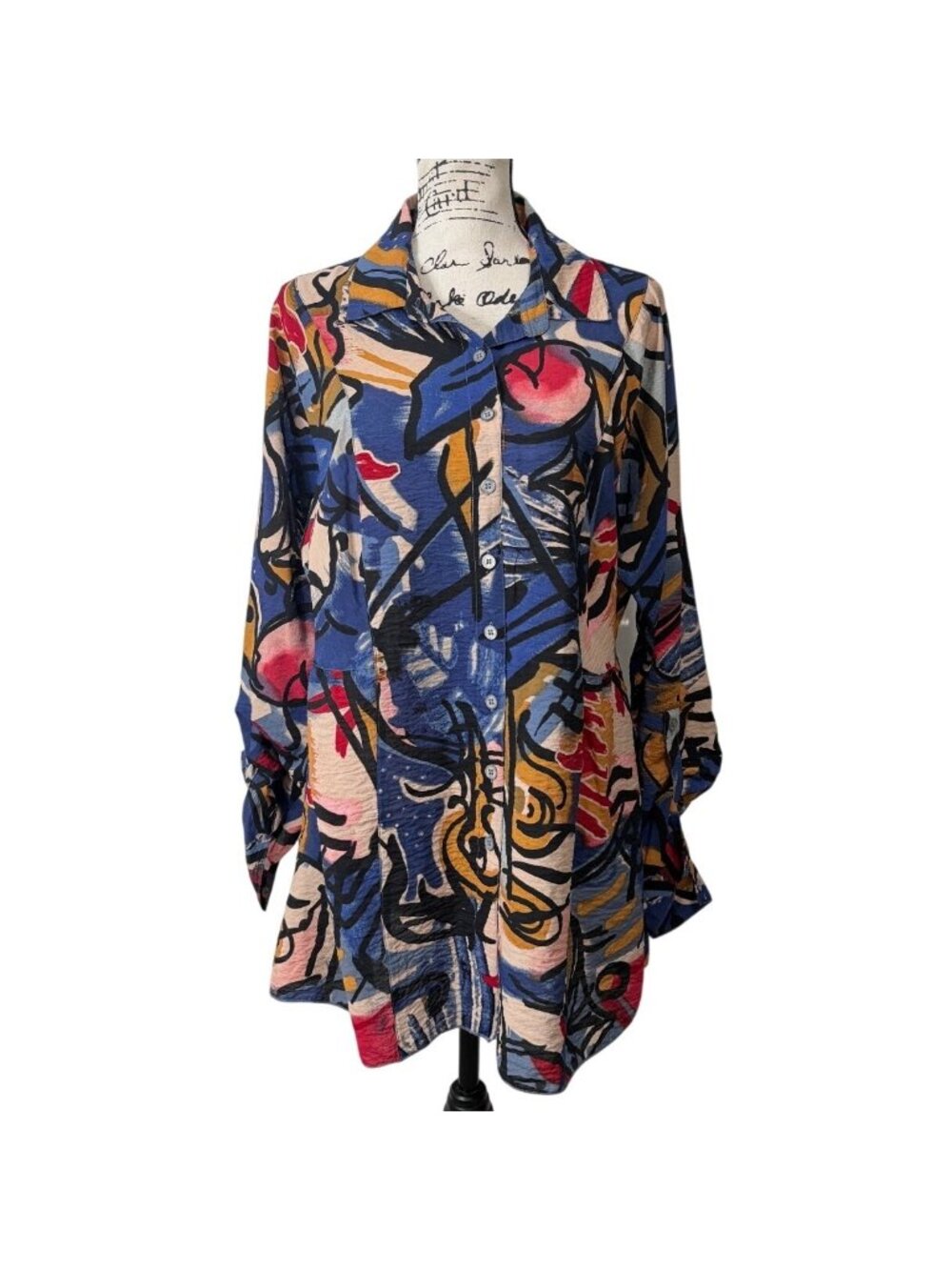 John Mark Womens Size L Tunic Button-Up Abstract Print Blouse Roll-Tab Sleeves